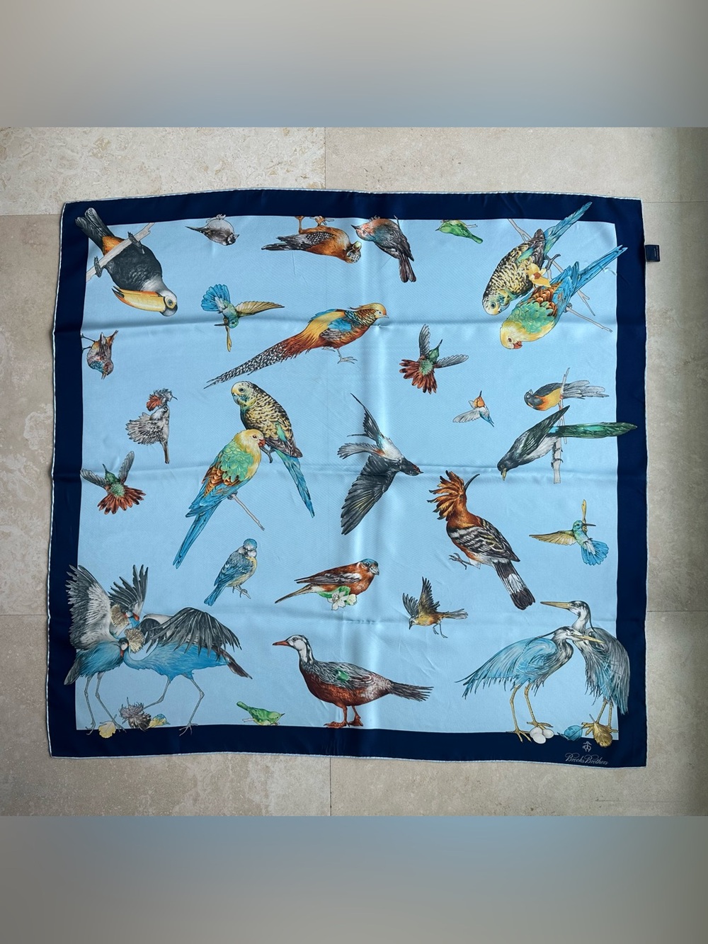 Vintage Brooks Brothers Light Blue Bird Print 100% Silk Scarf with Navy Border